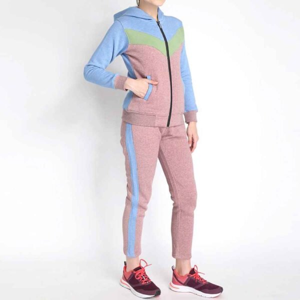 Front view of women fleece tracksuit set featuring a zip-up jacket and matching pants, perfect for casual and active wear.