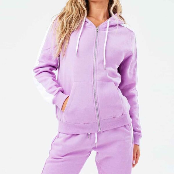 Front view of a women fleece tracksuit set featuring a zip-up jacket and matching pants, designed for all-day comfort.
