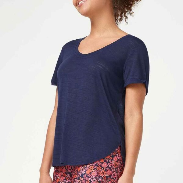 Side view of women’s custom t-shirt highlighting the relaxed fit and sleeve detail.