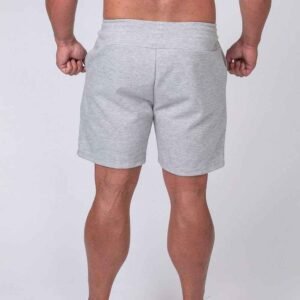 Back view of men’s custom French Terry shorts, highlighting relaxed fit and smooth cotton texture.