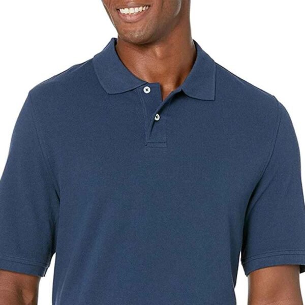 Front view of a man in a customizable pique cotton polo, perfect for casual daily outfits.