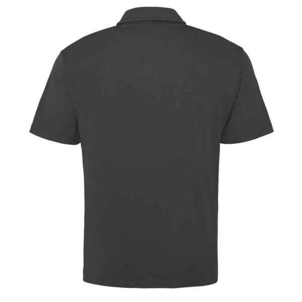 Cotton piqué polo shirt back image showing straight hem and shoulder design.