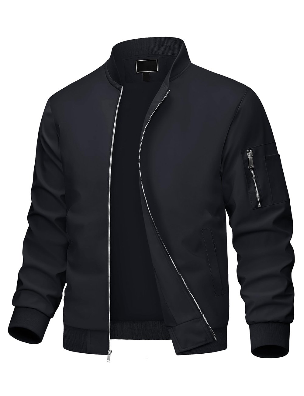 Custom logo men bomber jacket with zip-up and 5-pocket design.