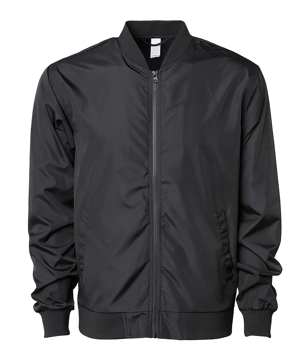 Custom Logo Men’s Lightweight Bomber Jacket in classic zip-up style with ribbed collar and cuffs.
