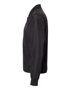 Side angle view of lightweight bomber jacket with 5-pocket design for casual or teamwear.