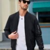 Lightweight bomber windbreaker jacket for men with casual varsity styling.