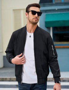 Lightweight bomber windbreaker jacket for men with casual varsity styling.