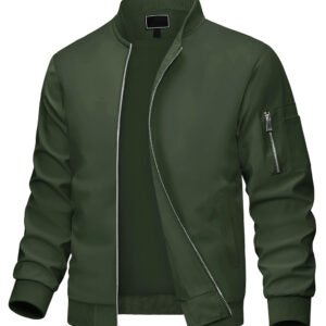Custom men’s windbreaker bomber jacket with zipper and ribbed hem.