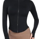 Women’s Full Zip-Up Running & Yoga Cropped Jacket with Thumb Hole – Lightweight, Stretch Fit